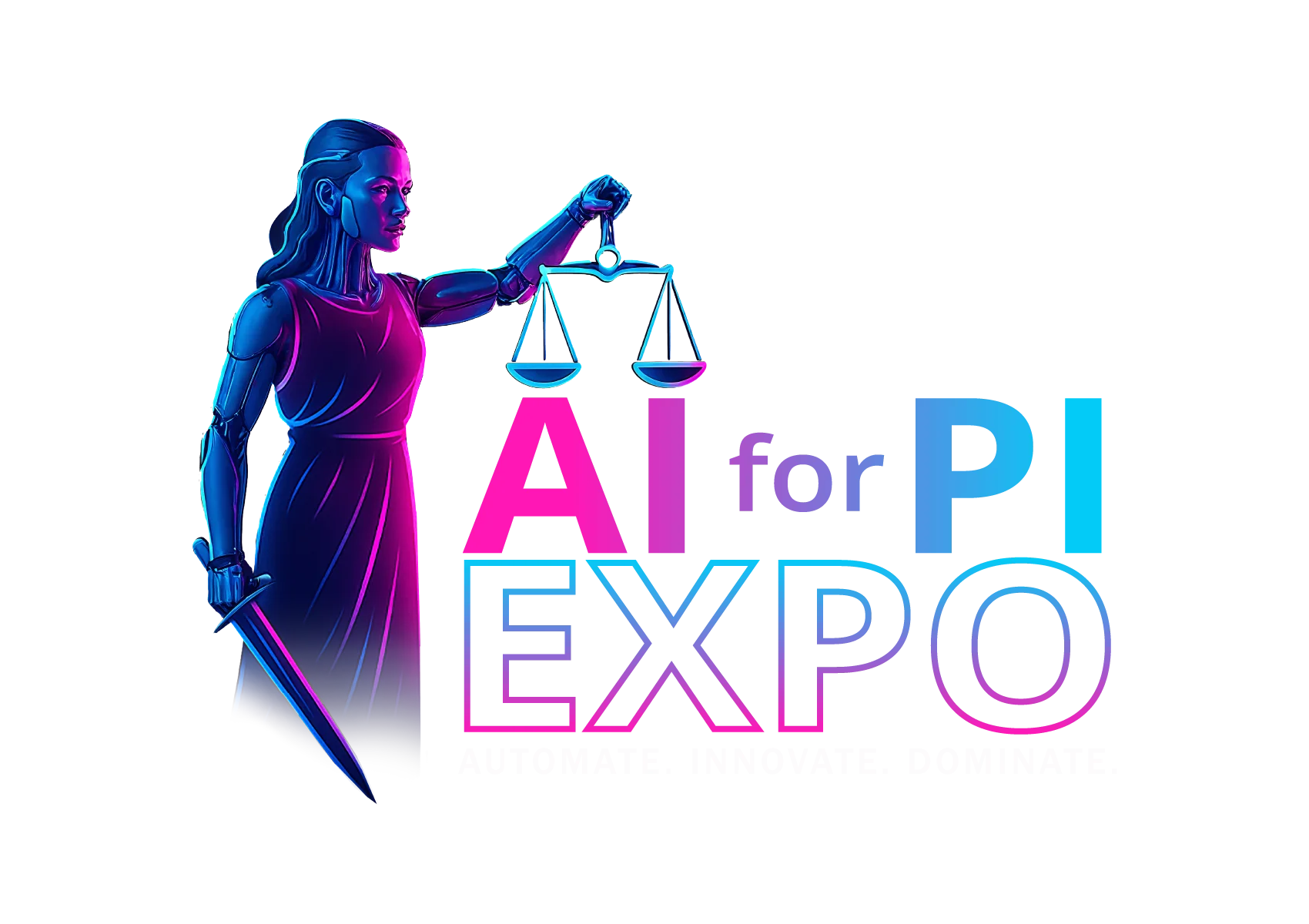 AI for PI Expo Logo - Lady Justice Cyborg holding scales and sword